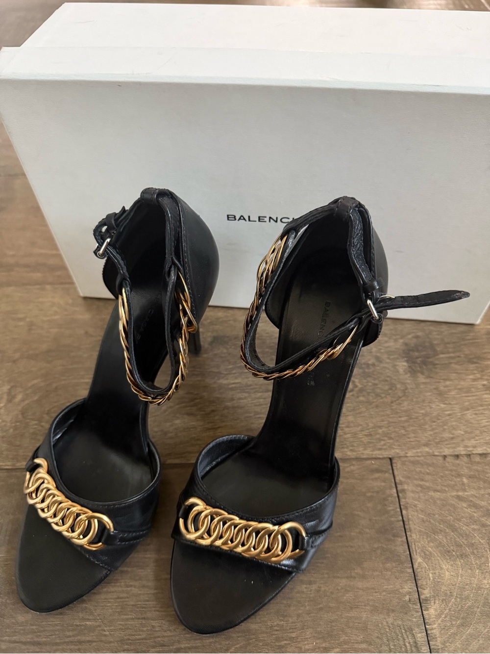 Balenciaga Black Leather High-Heel Sandals with Gold Chain Details